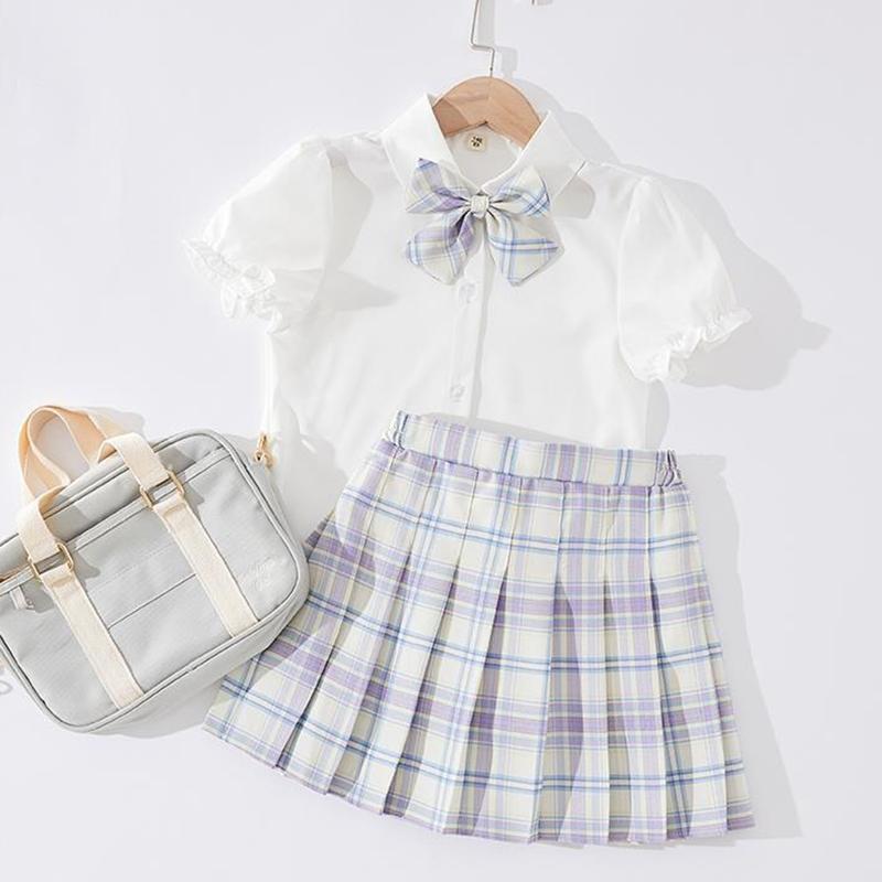 Girls Pleated Skirt Suit Big Children Elementary School Students Summer Puff Sleeve Jk Uniform Skirt Children's College Style Skirt Summer Dress