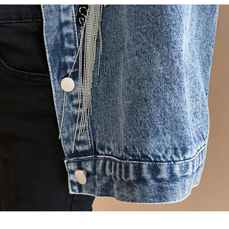 Autumn Streetwear Denim Jacket Women Hand-studded Rivet Tassel Chain Short Jeans Jacket Loose Black Coats