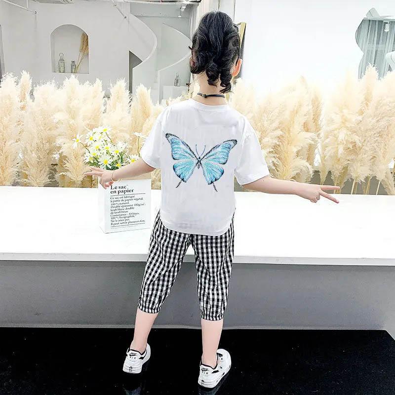 Girls T-Shirt + Plaid Pants Cotton Suit Summer Breathable Cropped Pants Casual Children's Comfortable Butterfly Print Two-piece Set