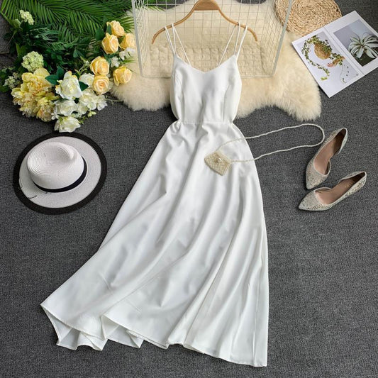 Summer Holiday Dress Cross Spaghetti Strap Open Back Solid Beach Style Ankle-Length Women Dresses