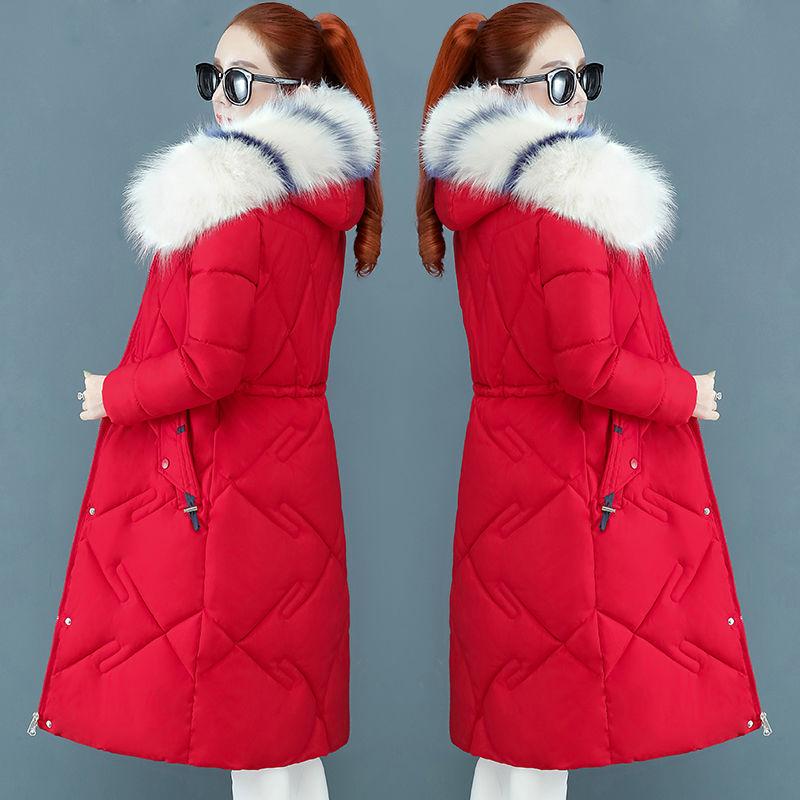 Winter Christmas Women's Down Cotton Padded Jacket Long Style Over The Knee Thickened Warm Women's Parka Coat Hooded Fur Collar Coat