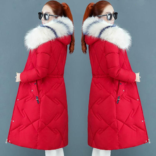 Winter Christmas Women's Down Cotton Padded Jacket Long Style Over The Knee Thickened Warm Women's Parka Coat Hooded Fur Collar Coat