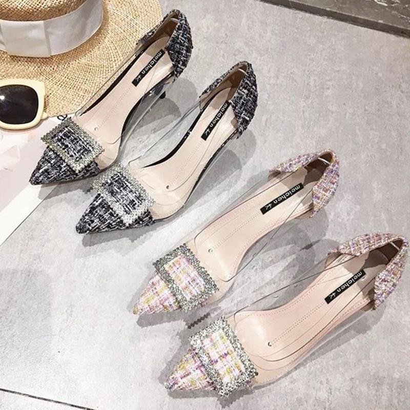 French Girl High Heels Female Stilettos Korean Version of All-match Rhinestone Transparent Pointed Toe Sexy High Heels