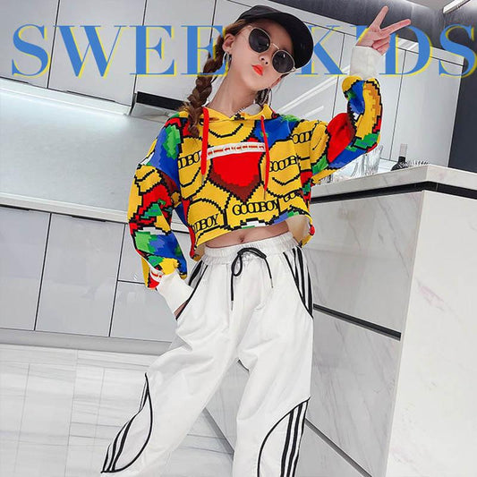 Girls Spring and Autumn Suits Children's Hip-hop Casual Cartoon Tie-dye Pullover Sports Trousers Loose and Breathable Two-piece Suit