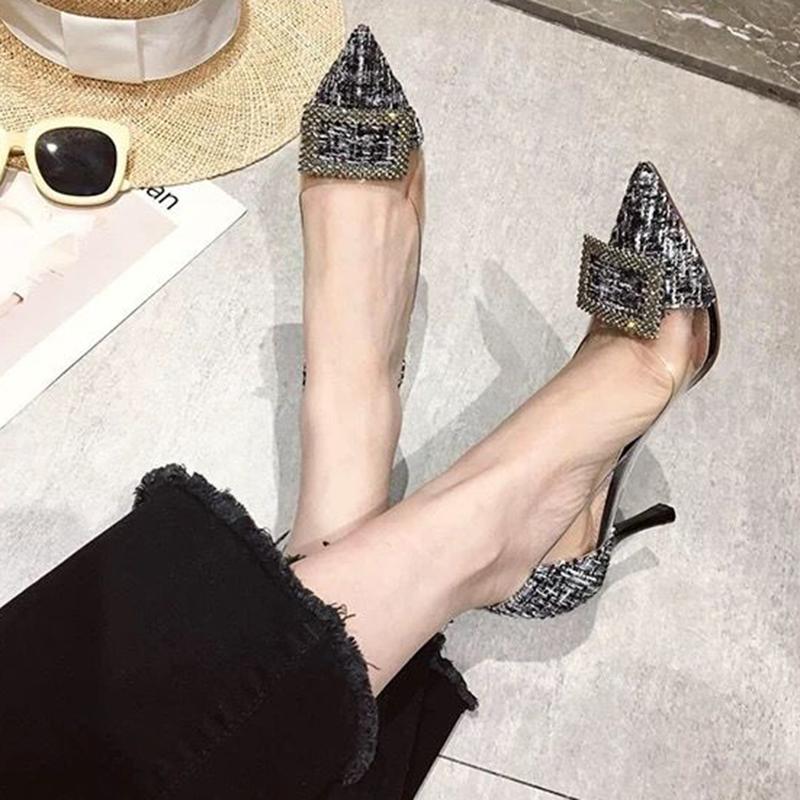 French Girl High Heels Female Stilettos Korean Version of All-match Rhinestone Transparent Pointed Toe Sexy High Heels