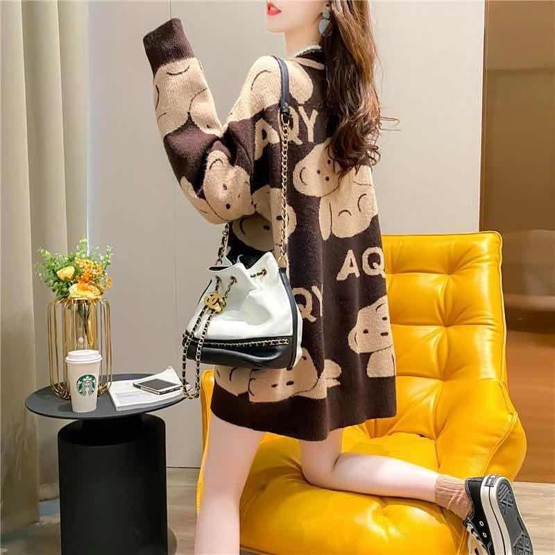 Autumn Winter  Women Fashion Sweater Casual Knitting Sweater Mid-length Pullovers Loose Casual Long Sleeve Sweater