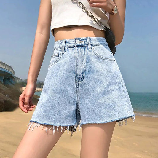 Women Light Blue Chic Pockets Frayed Hem Ripped Denim Shorts Vintage High Waist Zipper Female Short Jeans