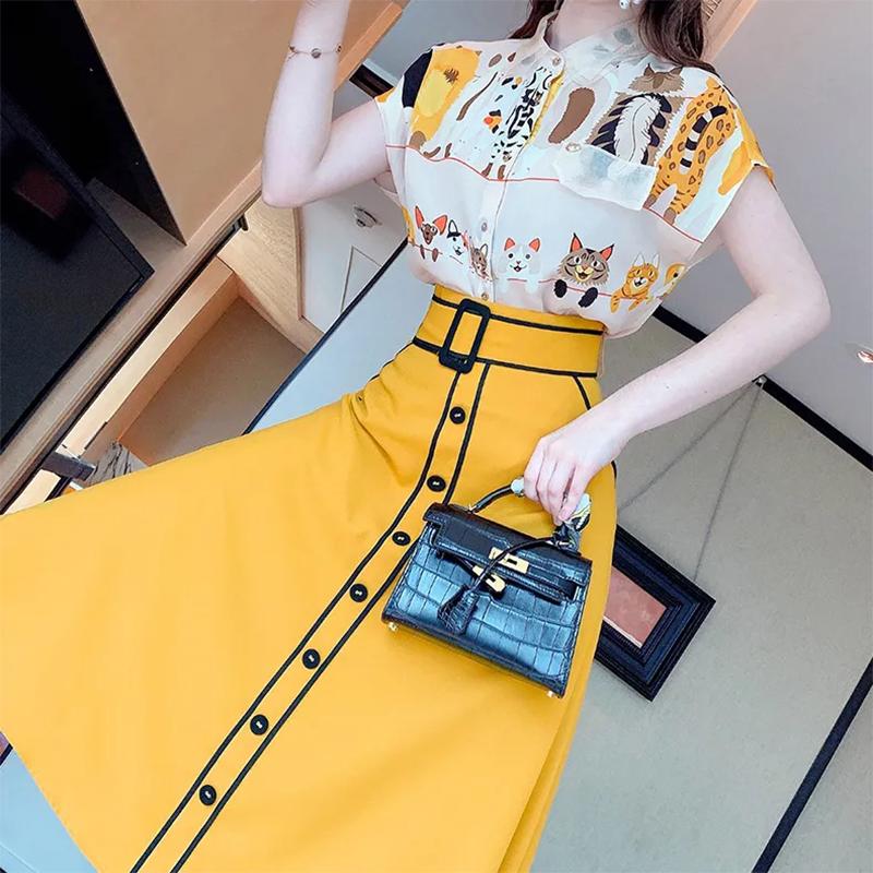 High Quality Women Irregular T Shirt+Skirts SuitsTops Vintage Floral Dress Sets Elegant Woman Two Piece Suits