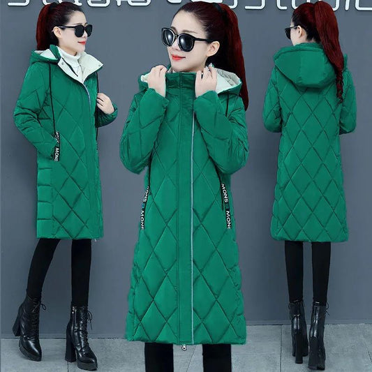 Down Jacket Winter Slim Slimming Diamond Lattice Cotton Jacket Thickened Warm Mid-length Ladies Hooded Down Jacket