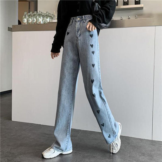 WTEMPO Heart-shaped Women's High Loose Casual Washed Denim Waist Wide Leg Pants Straight-leg Pants Super Long