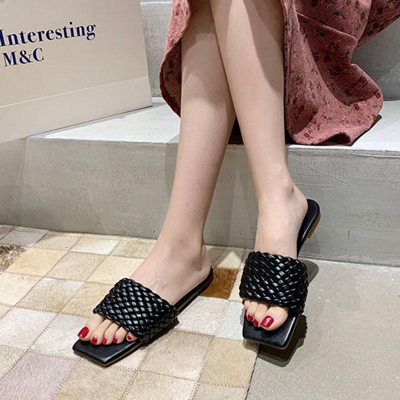 Red Leather Weaving Beach Slippers Women Summer Casual Open Toe Flat Heel Sandals Woman Comfortable Outdoor Slides Mujer