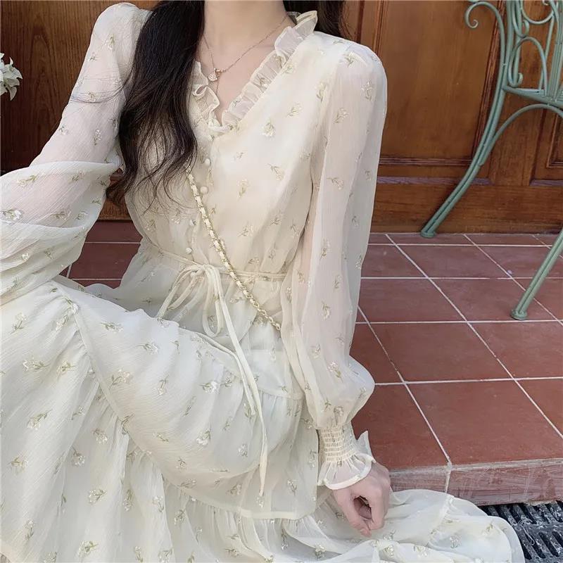 Female Vintage High Waist Super Fairy Holiday Dress Elegant Slim Chiffon Floral Print Pleated Dress