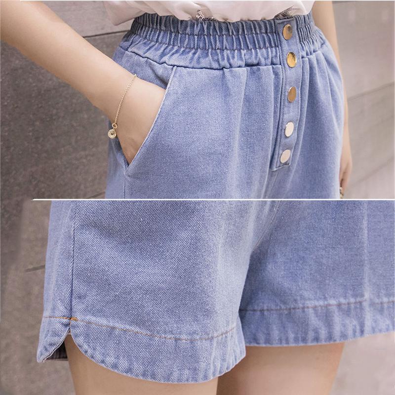 WTEMPO Spring and Summer Girl Women Denim Shorts Big Pocket Elastic Waist Loose  A-line Thin Casual Jeans Wide Leg