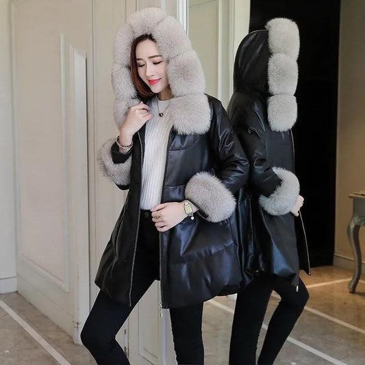 Mid-length PU Leather Cloak Jacket Ladies Down Padded Jacket Winter 2021 Thick New Jacket Women