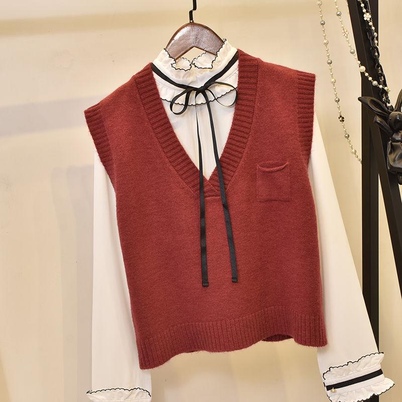 Autumn and Winter Small Pocket V-neck Vest Knitted Loose Cropped Top Sleeveless Waistcoat Women Sweater