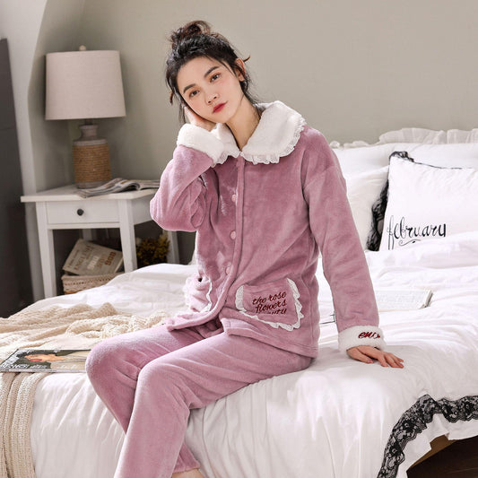 Women Flannel Pajamas Suit Winter Sleepwear Thick Velvet Coral Fleece Home Wear Long Sleeve Pyjamas Set Turn-down Collar Top Pants Sets