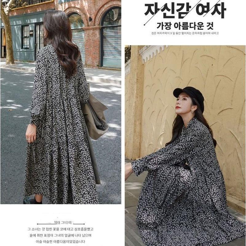 Spring and Autumn French Retro Floral Ladies Bottoming Dress Long Dress Fashion Korean Version Loose and Thin Hepburn Printed Women's Long Dress