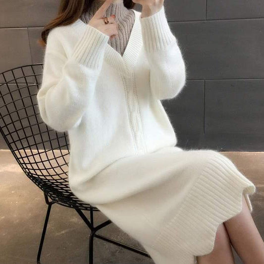 Women's Winter Mid-length Half High Neck Pullover Sweater Thick Loose Autumn Fake Two-piece Knitted Wool Dress