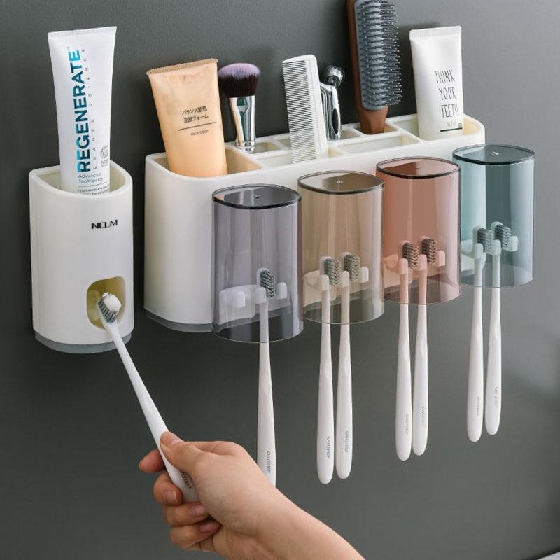 Toothpaste Dispenser Wall Mount Dust-proof Toothbrush Holder Wall Mount Storage Rack Bathroom Accessories Set Squeezer