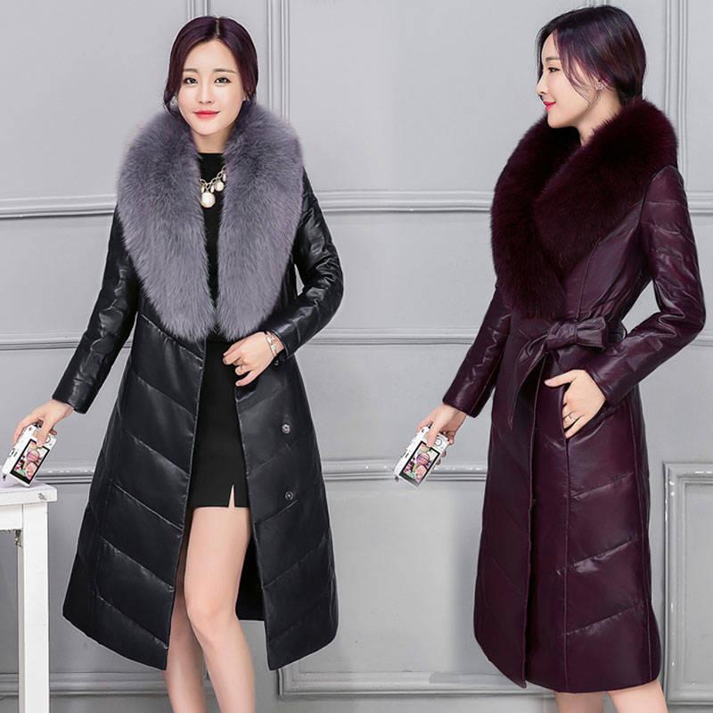 Winter PU Leather Female Imitation Fox Fur Collar Cotton Jacket In The Long Section Slim Padded Jacket Fashion Casual Women Leather Jacket