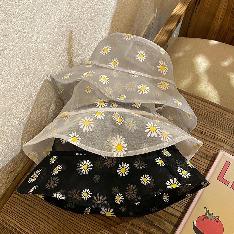 Embroidery Daisies Lace Fisherman Hat Bucket Hat Women Transparent Mesh Fashion Summer Outdoor Sun Hat