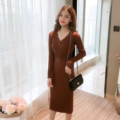 Elegant Knitted Dresses Women Skinny Sweater Split Dress Ribbed Ladies with Belt