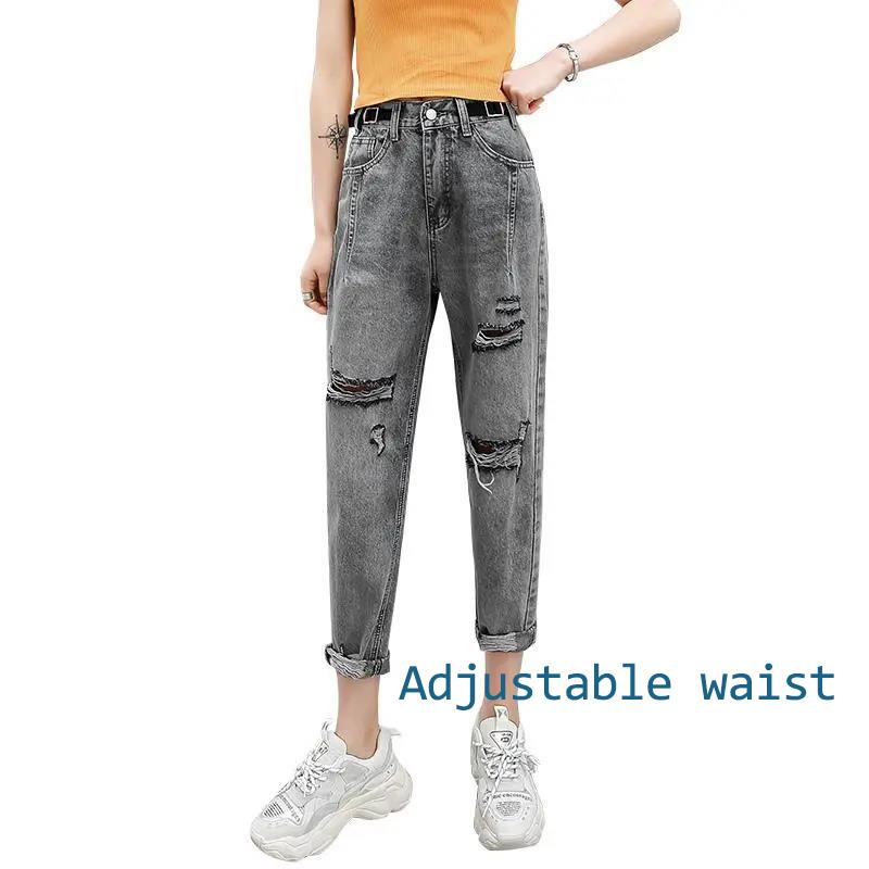 WTEMPO Hole Harem Pants Women's Jeans Loose Wide Leg Straight  Denim Big Pocket Trousers Adjustable Waist