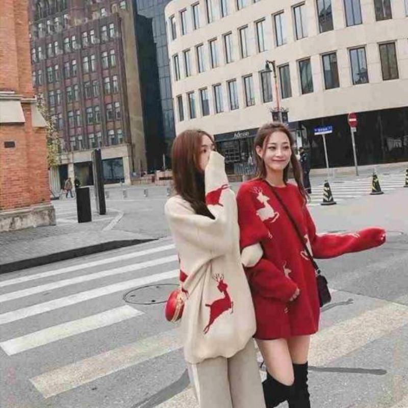 Pofulove Christmas Elk Sweater Women Red Lazy Loose Autumn Winter Thick Long-sleeved Sweater Fashion