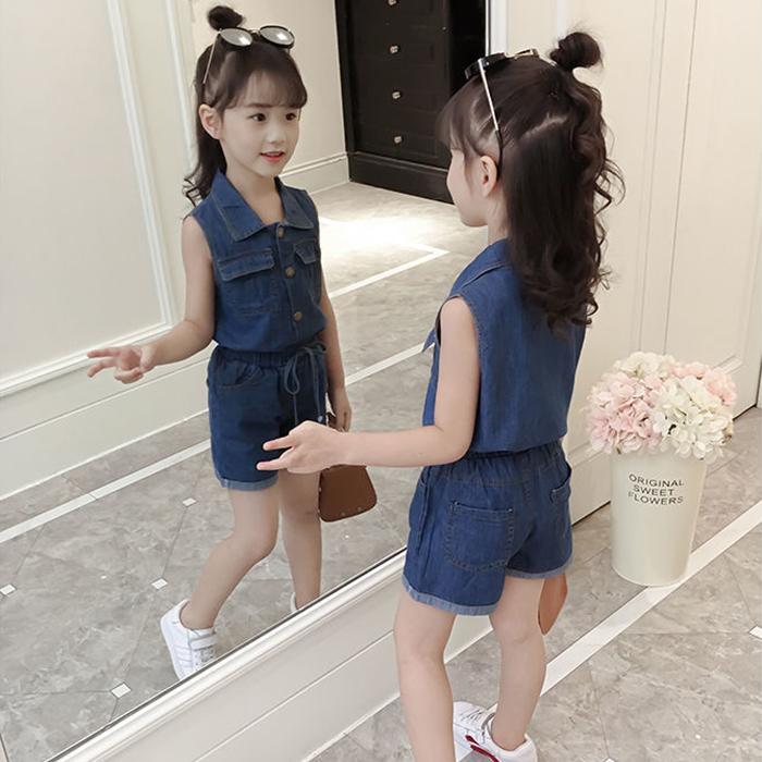 Girls Clothing Sets Summer Denim Short T-shirt+Pants Korean Style Single Breasted 2Pcs for Kids Baby Suit Cowboy Suit