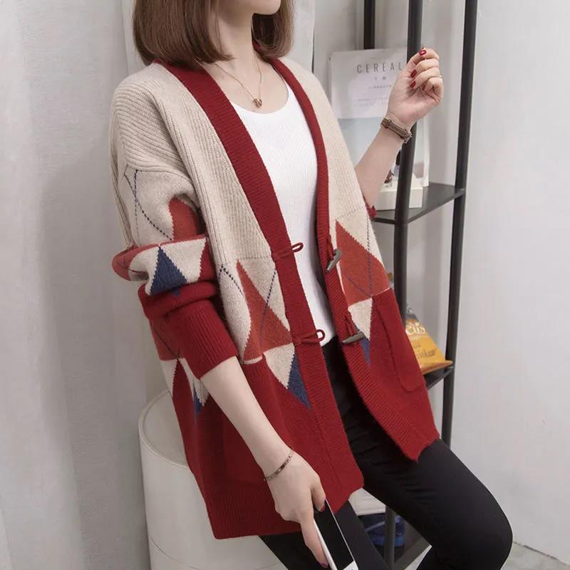 Knitted Cardigan Women's Autumn and Winter V-neck Loose and Lazy Style Color Matching Thickened Sweater Coat