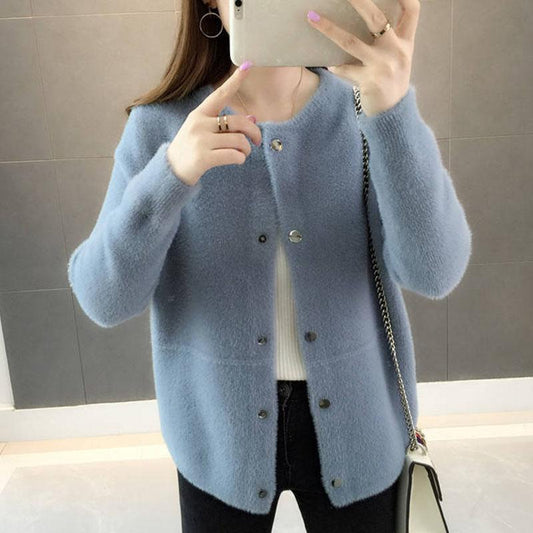 Autumn and Winter Mohair Cardigan Sweater Short Thick Solid Color Top Loose Casual Women's Jacket