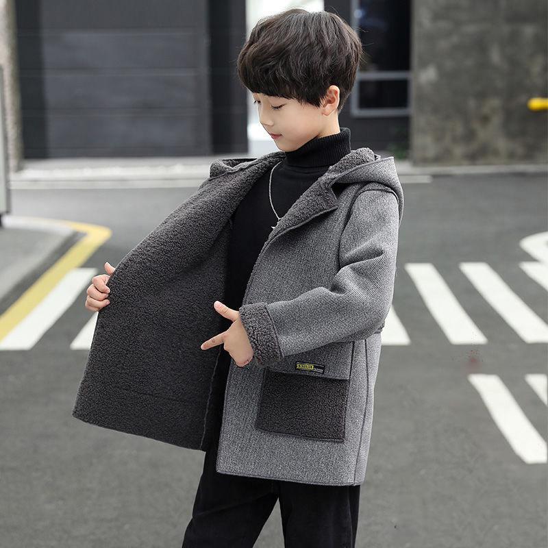 Children's Clothing Boys Woolen Coats In The Long Section of Autumn and Winter In The Big Boys Boys Woolen Coat Plus Velvet Thick Coat