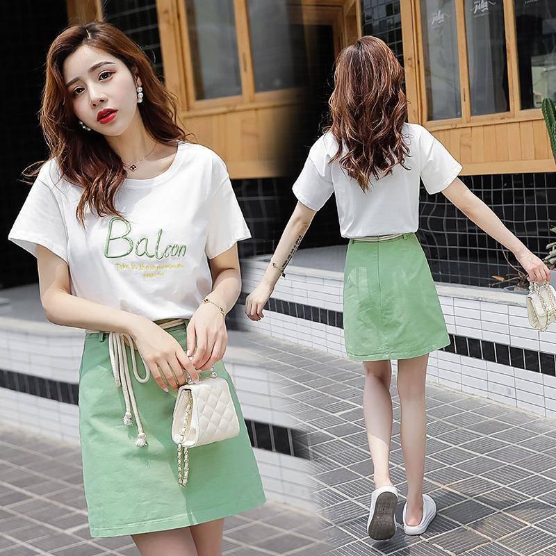 Pofulove Women High-quality White O-Neck Cotton T-shirt+high Waist Thin Slim Short Skirt Two-piece Suit