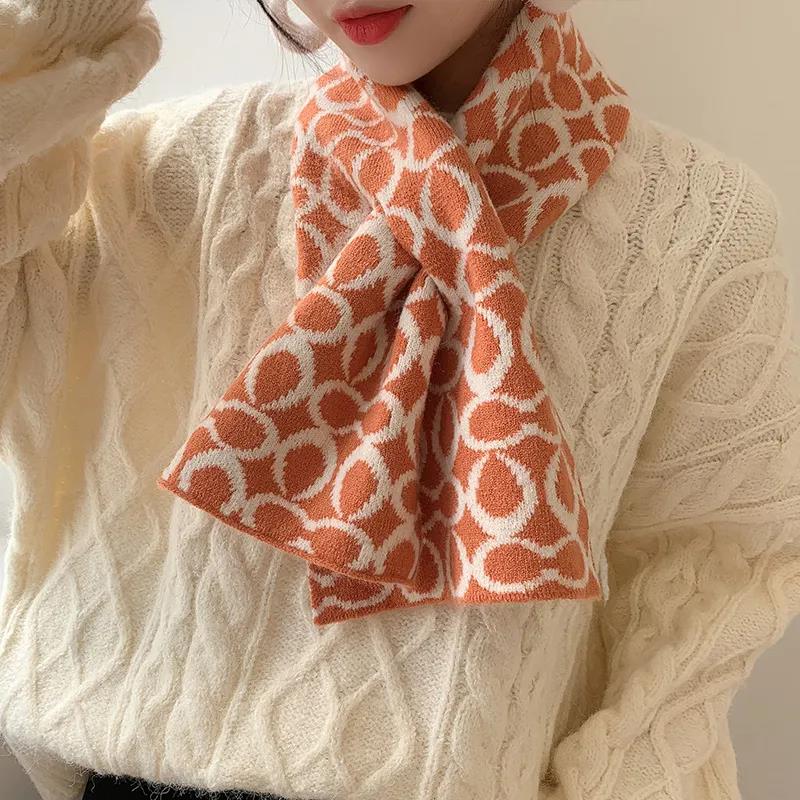 Scarf Women Winter Korean Fashion Printed Knitted Scarf Thicken Warm Cross Neck Guard Couple Scarf Shawl