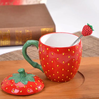 Mug with Lid Spoon Ceramic Strawberry Cup Hand-painted Breakfast Couple Coffee Cup Cute Girl Heart Student Water Cup