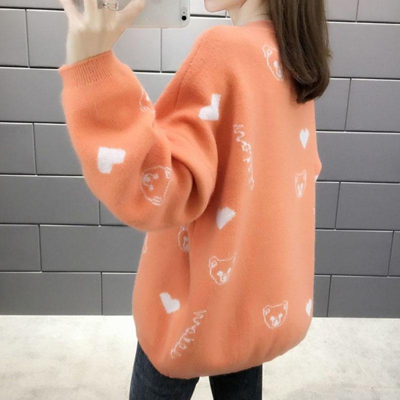 Autumn and Winter Thick Plus Size Sweater All-match Thinner Round Neck Jacket Lantern Sleeve Knitted Female Top