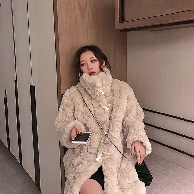 Lamb Fur Coat Female Autumn and Winter Long Horn Buckle Imitation Rex Rabbit Plush Coat