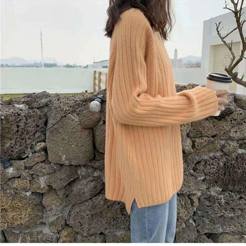 Autumn and Winter Loose Jacket Mid-length Casual Solid Color Sweater Round Neck Pullover Young Women's Top