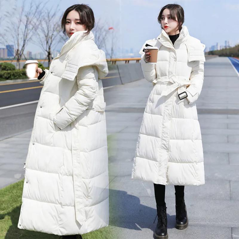 Women's Solid Color Long Down Jacket  Quilted Coat Women's Winter Padded Down Jacket Hooded Down Jacket with Warm Stand-up Collar