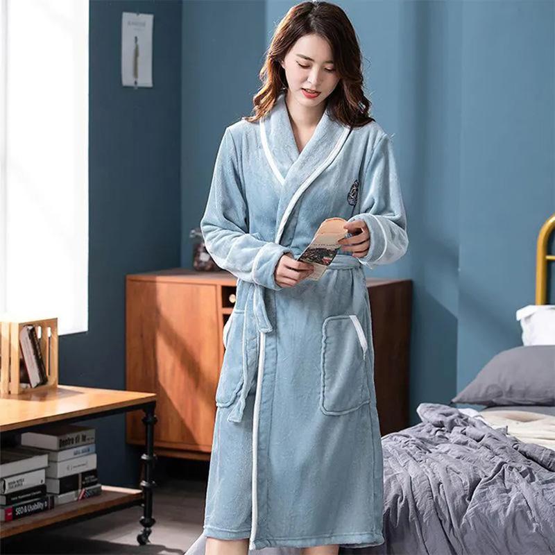 Women's Winter Flannel Pajamas Robe Plus Size Bathrobe Loose Home Wear With Belt Plus Velvet Thick Nightdress Warm Flannel Bathrobe