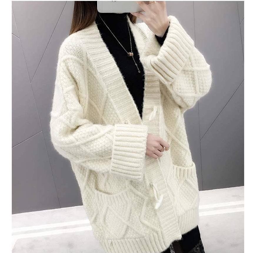 Knit Cardigan Sweater Plus Size Horn Buckle Sweater Autumn and Winter Coat Women Shirt Sweater Loose