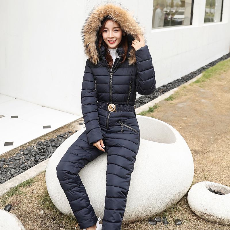 One Piece Ski Suit Women Jackets Winter Fur Collar Hooded Parka Jumpsuit Cotton Bodysuit Sashes Jumpsuits Outdoor Snowboard Jacket Skiing Pant Sets