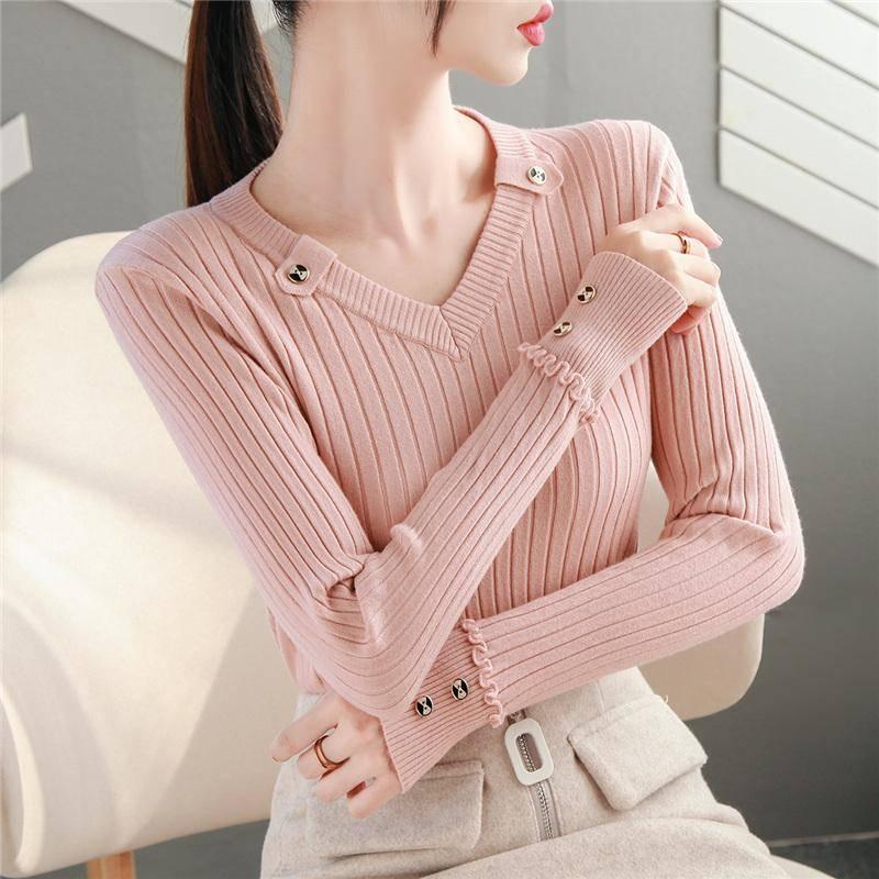 Women  Sweater Solid Slim V-Neck Warm Knitwear Winter Long Sleeve Turtleneck Top