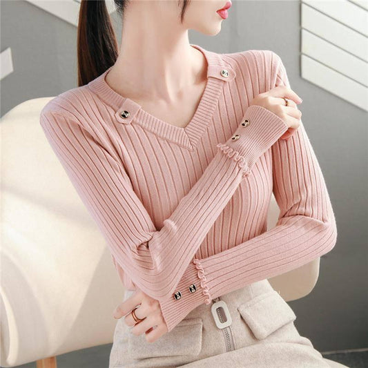 Women  Sweater Solid Slim V-Neck Warm Knitwear Winter Long Sleeve Turtleneck Top