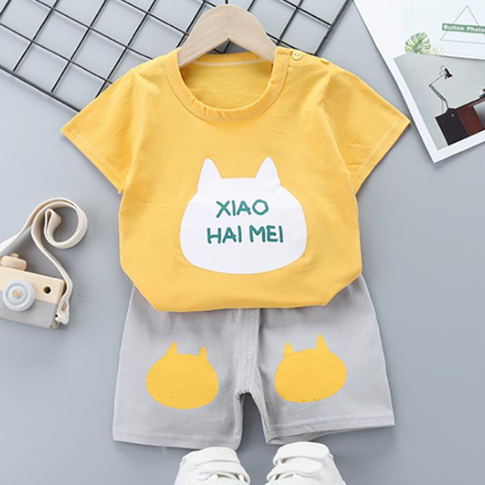 Children's Short Sleeve Suit Korean Style Boys and Girls Set Printing T-shirt + Shorts Two Piece Set