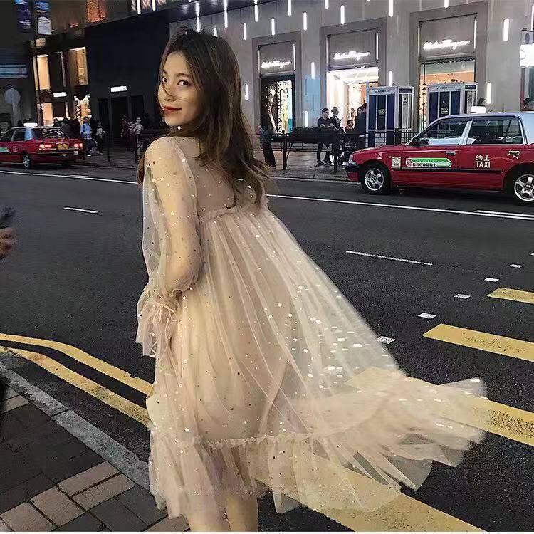 Women Sequins Mesh Dresses Shiny Long Sleeve Mesh Dresses Lady Star Sequined Tulle Princess Dress