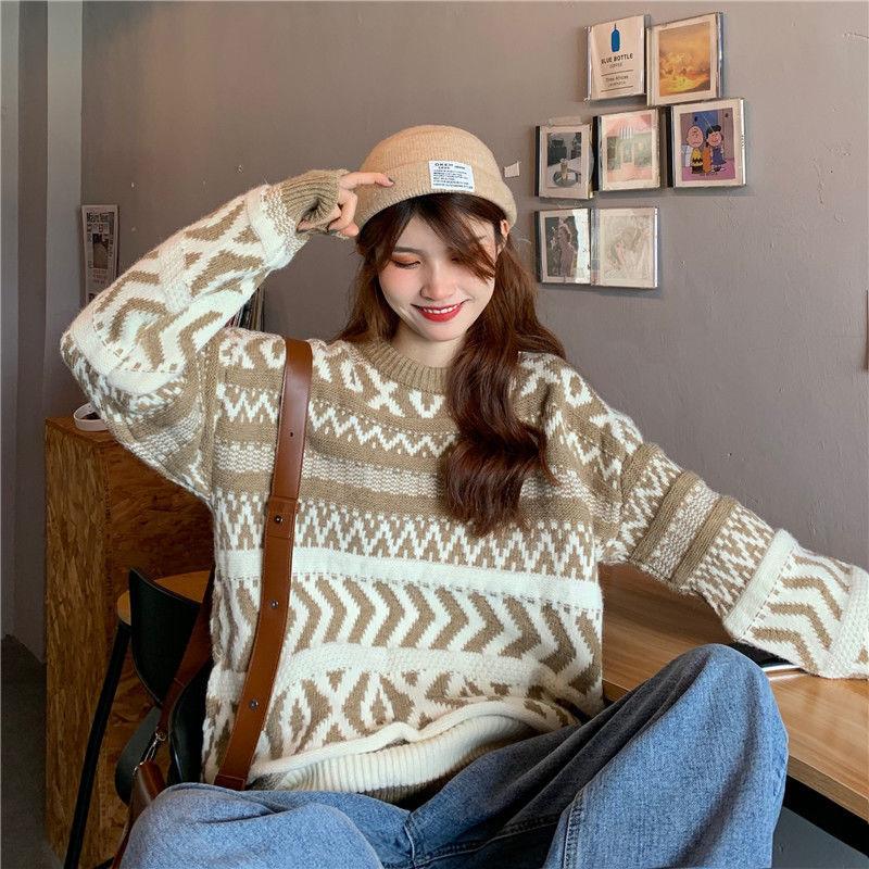 Autumn Winter  Women Fashion Sweater Casual Knitting Sweater Retro All-match Round Neck Pullovers Loose Casual Long Sleeve Sweater