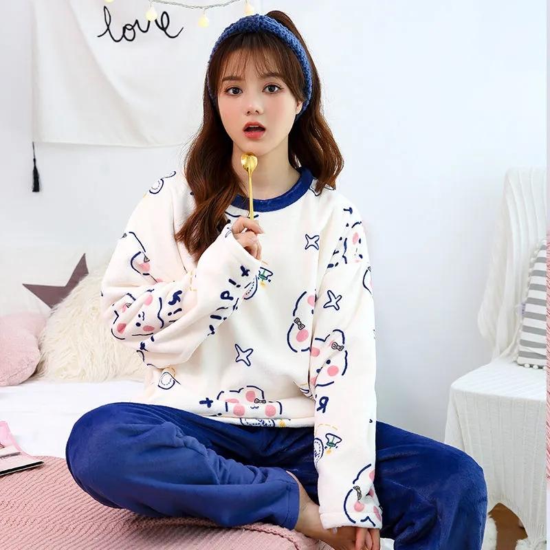 Winter Coral Fleece Pajamas Set Flannel Cute Cartoon Printing Home Wear Thickened Warm Ladies Autumn Winter Long-sleeved Sleeping Suit Trousers Set