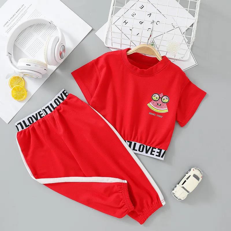 2PCS Children Clothing Set Spring Summer Girls Suits Printing Letter Watermelon Short Sleeve Tops + Pants Clothing Set