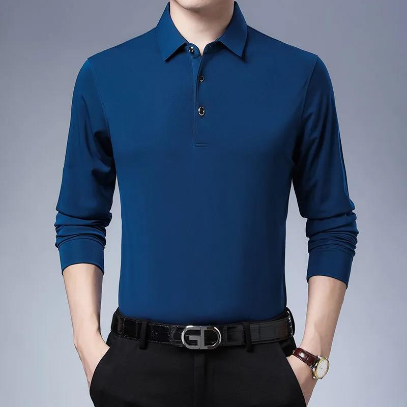 Men's Long-sleeved T-shirt Autumn Lapel Solid Color Business Shirt Casual Loose Polo Bottoming Shirt